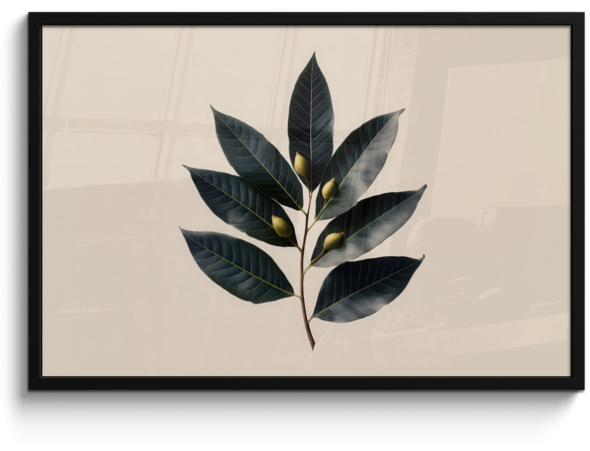 FrameYourWall Poster in lijst - Fotolijst 90x60 cm - Posters - Laurierbladeren - Bloemknoppen - subtiel - Posterlijst zwart - Decoratie - Wanddecoratie woonkamer - Muurdecoratie slaapkamer