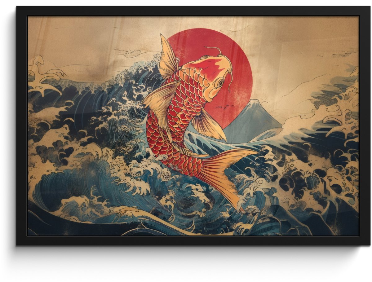 FrameYourWall Poster in lijst - Fotolijst 60x40 cm - Posters - Koi - Zee - Golven - Zon - Posterlijst zwart - Decoratie - Wanddecoratie woonkamer - Muurdecoratie slaapkamer