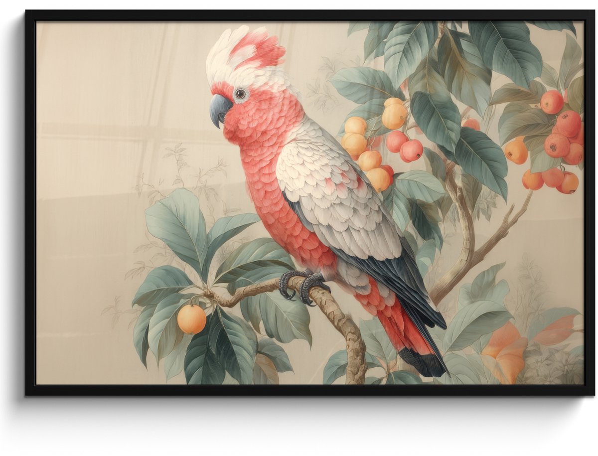 FrameYourWall Poster in lijst - Fotolijst 120x80 cm - Posters - Roze kuifkaketoe - Tak met vruchten - Bladeren - Posterlijst zwart - Decoratie - Wanddecoratie woonkamer - Muurdecoratie slaapkamer Kuifkaketoe - Tak - Vruchten