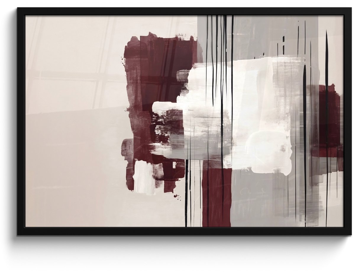 FrameYourWall Poster in lijst - Fotolijst 90x60 cm - Posters - Penseelstreken - Abstract - Lijnen - Rood - Posterlijst zwart - Decoratie - Wanddecoratie woonkamer - Muurdecoratie slaapkamer