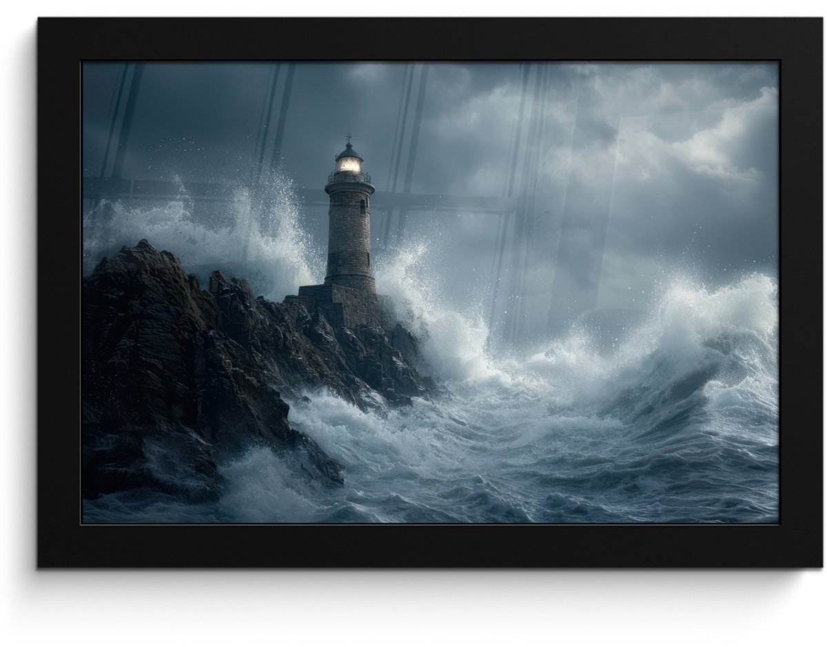 FrameYourWall Poster in lijst - Fotolijst 30x20 cm - Posters - Rotsen - Vuurtoren - Golven - Klliffen - Posterlijst zwart - Decoratie - Wanddecoratie woonkamer - Muurdecoratie slaapkamer Rotsen - Golven - Vuurtoren