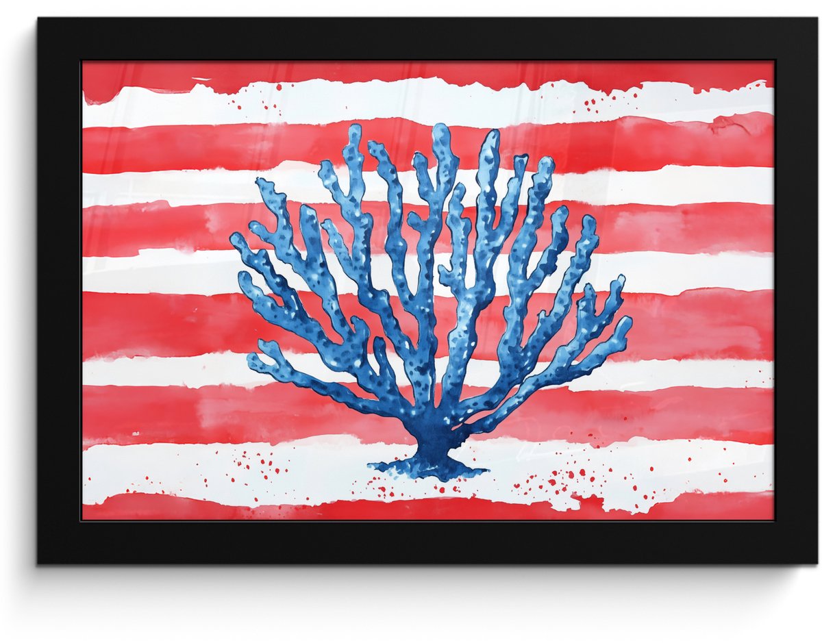 FrameYourWall Poster in lijst - Fotolijst 30x20 cm - Posters - Koraal - Verfstructuur - Rood - Blauw - Posterlijst zwart - Decoratie - Wanddecoratie woonkamer - Muurdecoratie slaapkamer Koraal - Strepen