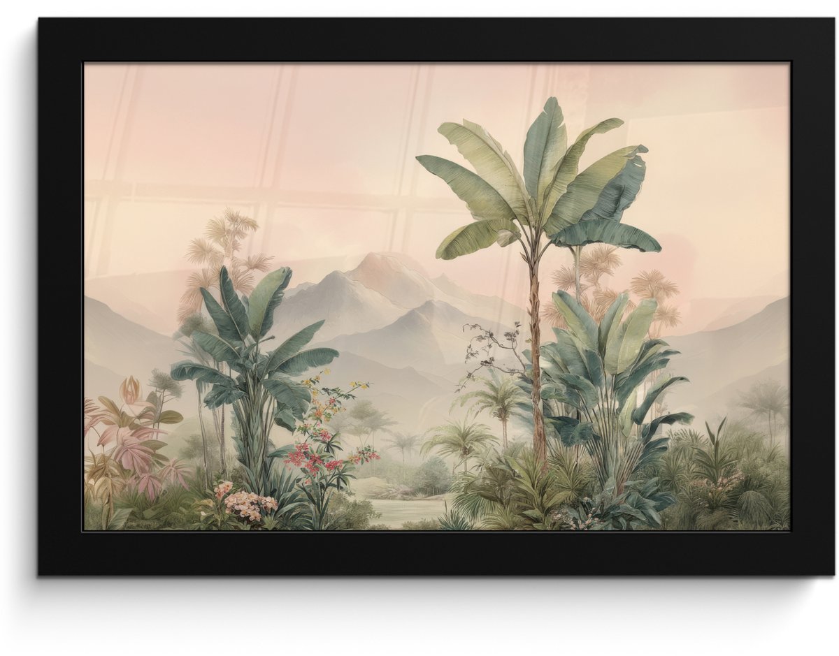 FrameYourWall Poster in lijst - Fotolijst 30x20 cm - Posters - Tropisch landschap - palmbomen - Bloemen - Roze lucht - Posterlijst zwart - Decoratie - Wanddecoratie woonkamer - Muurdecoratie slaapkamer Tropisch - Landschap