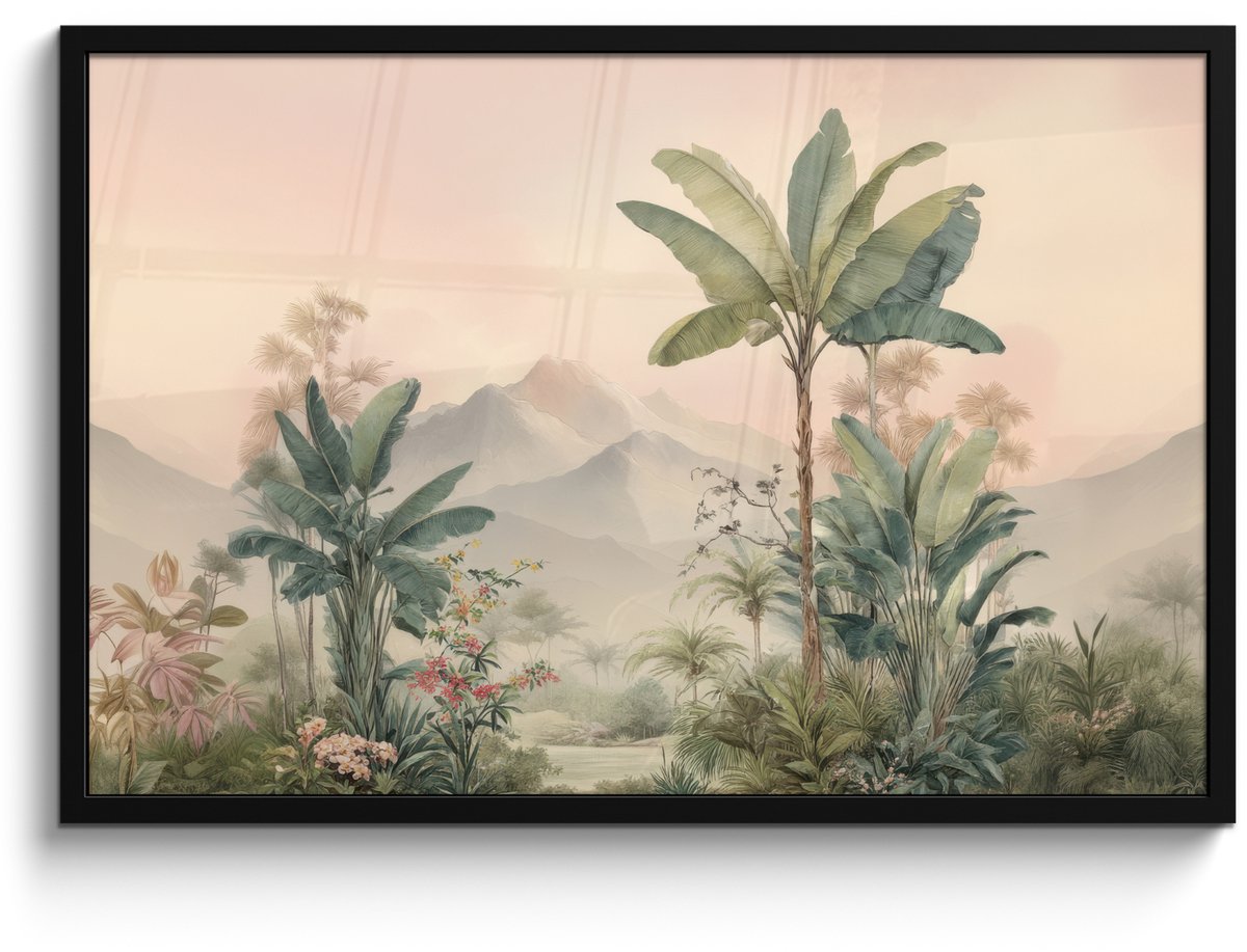 FrameYourWall Poster in lijst - Fotolijst 90x60 cm - Posters - Tropisch landschap - palmbomen - Bloemen - Roze lucht - Posterlijst zwart - Decoratie - Wanddecoratie woonkamer - Muurdecoratie slaapkamer Tropisch - Landschap