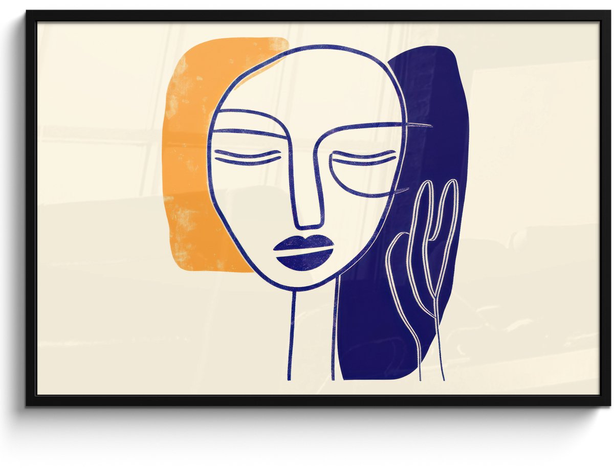 FrameYourWall Poster in lijst - Fotolijst 120x80 cm - Posters - Minimalistisch - Gezicht - Hand - Oranje - Blauw - Posterlijst zwart - Decoratie - Wanddecoratie woonkamer - Muurdecoratie slaapkamer Gezicht - Hand - Minimalistisch
