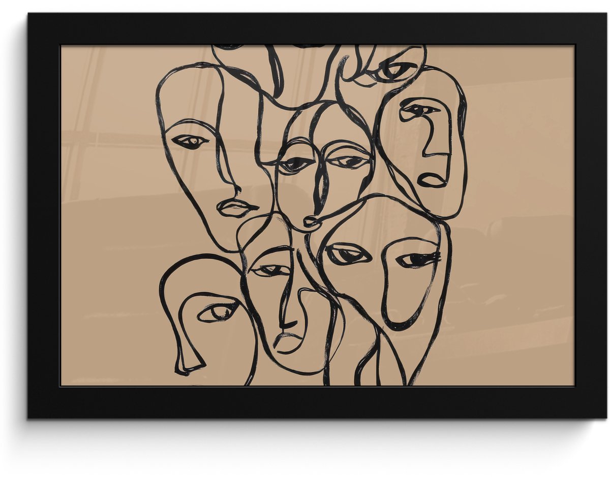 FrameYourWall Poster in lijst - Fotolijst 30x20 cm - Posters - Gezichtenzee - Lijntekening - Abstract - Posterlijst zwart - Decoratie - Wanddecoratie woonkamer - Muurdecoratie slaapkamer Gezichten - Lijntekening