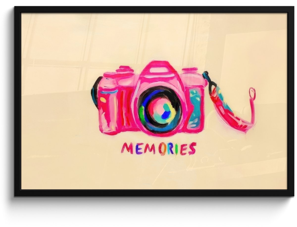 FrameYourWall Poster in lijst - Fotolijst 90x60 cm - Posters - Camera - Memories - Roze - Geschilderd - Posterlijst zwart - Decoratie - Wanddecoratie woonkamer - Muurdecoratie slaapkamer