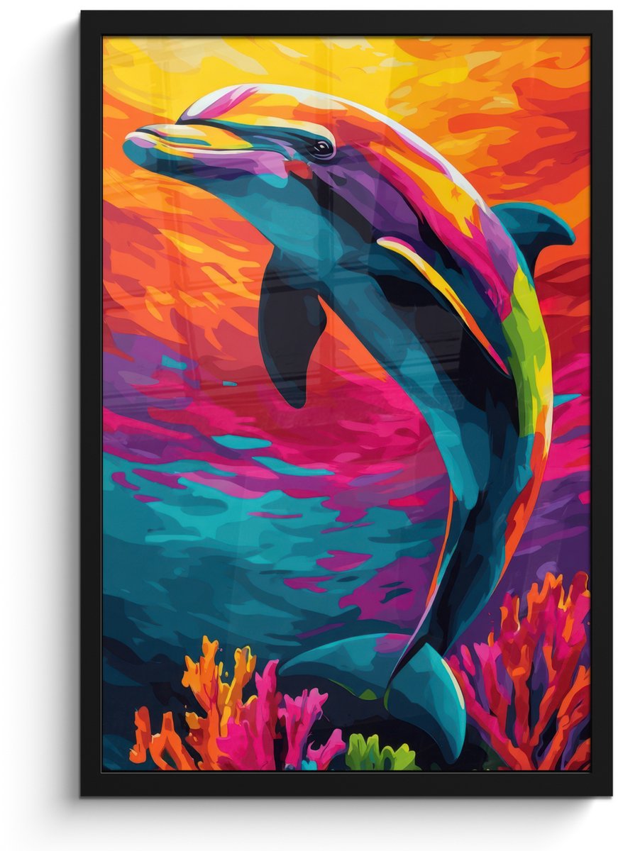 FrameYourWall Poster in lijst - Fotolijst 40x60 cm - Posters - Dolfijn - Kleurrijk - Oceaan - Koraal - Posterlijst zwart - Decoratie - Wanddecoratie woonkamer - Muurdecoratie slaapkamer