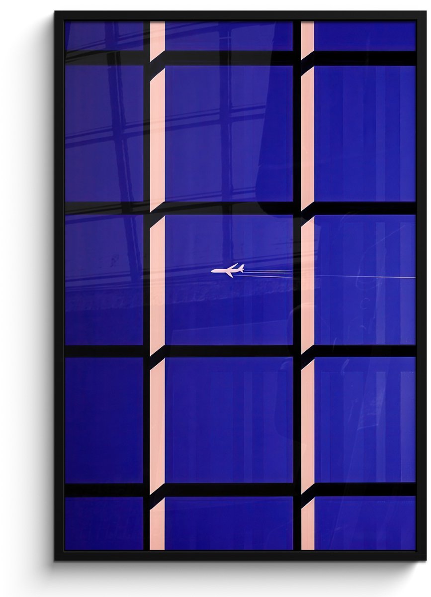 FrameYourWall Poster in lijst - Fotolijst 80x120 cm - Posters - Vliegtuig - Ruiten - Blauw - Rechthoekig - Posterlijst zwart - Decoratie - Wanddecoratie woonkamer - Muurdecoratie slaapkamer - Kerstversiering - Kerstdecoratie voor binnen - Kerstmis