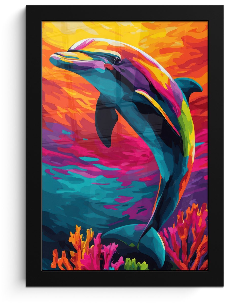 FrameYourWall Poster in lijst - Fotolijst 20x30 cm - Posters - Dolfijn - Kleurrijk - Oceaan - Koraal - Posterlijst zwart - Decoratie - Wanddecoratie woonkamer - Muurdecoratie slaapkamer
