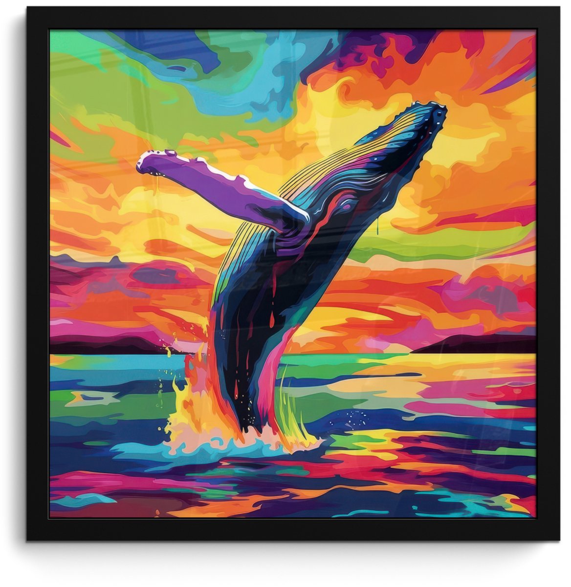 FrameYourWall Poster in lijst - Fotolijst 40x40 cm - Posters - Zonsondergang - Walvis - Geschilderd - Kleurrijk - Posterlijst zwart - Decoratie - Wanddecoratie woonkamer - Muurdecoratie slaapkamer Walvis - Kleurrijk