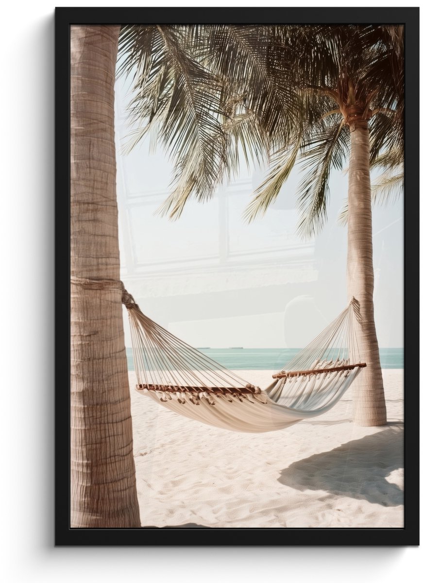 FrameYourWall Poster in lijst - Fotolijst 40x60 cm - Posters - Hangmat - Palmbomen - Strand - Zee - Posterlijst zwart - Decoratie - Wanddecoratie woonkamer - Muurdecoratie slaapkamer