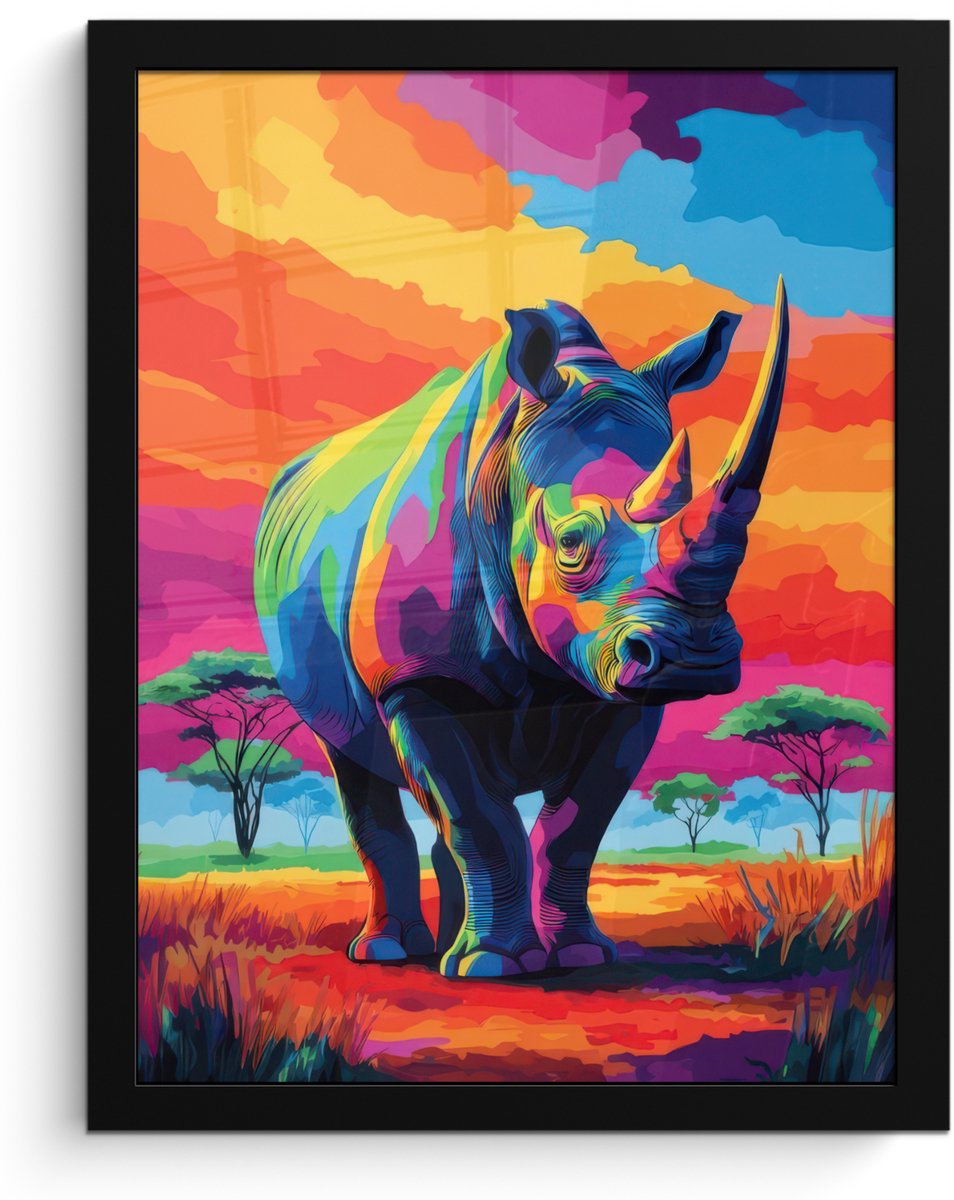 FrameYourWall Poster in lijst - Fotolijst 30x40 cm - Posters - Neushoorn - Zonsondergang - Savanna - Kleurrijk - Posterlijst zwart - Decoratie - Wanddecoratie woonkamer - Muurdecoratie slaapkamer Neushoorn - Kleurrijk