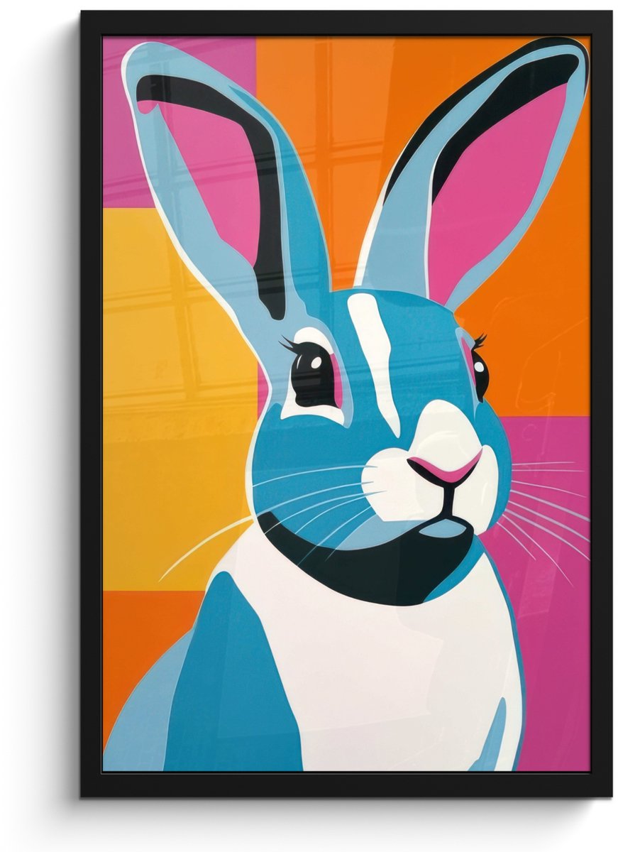 FrameYourWall Poster in lijst - Fotolijst 40x60 cm - Posters - Haas - Kleurvakken - Oren - Roze - Posterlijst zwart - Decoratie - Wanddecoratie woonkamer - Muurdecoratie slaapkamer