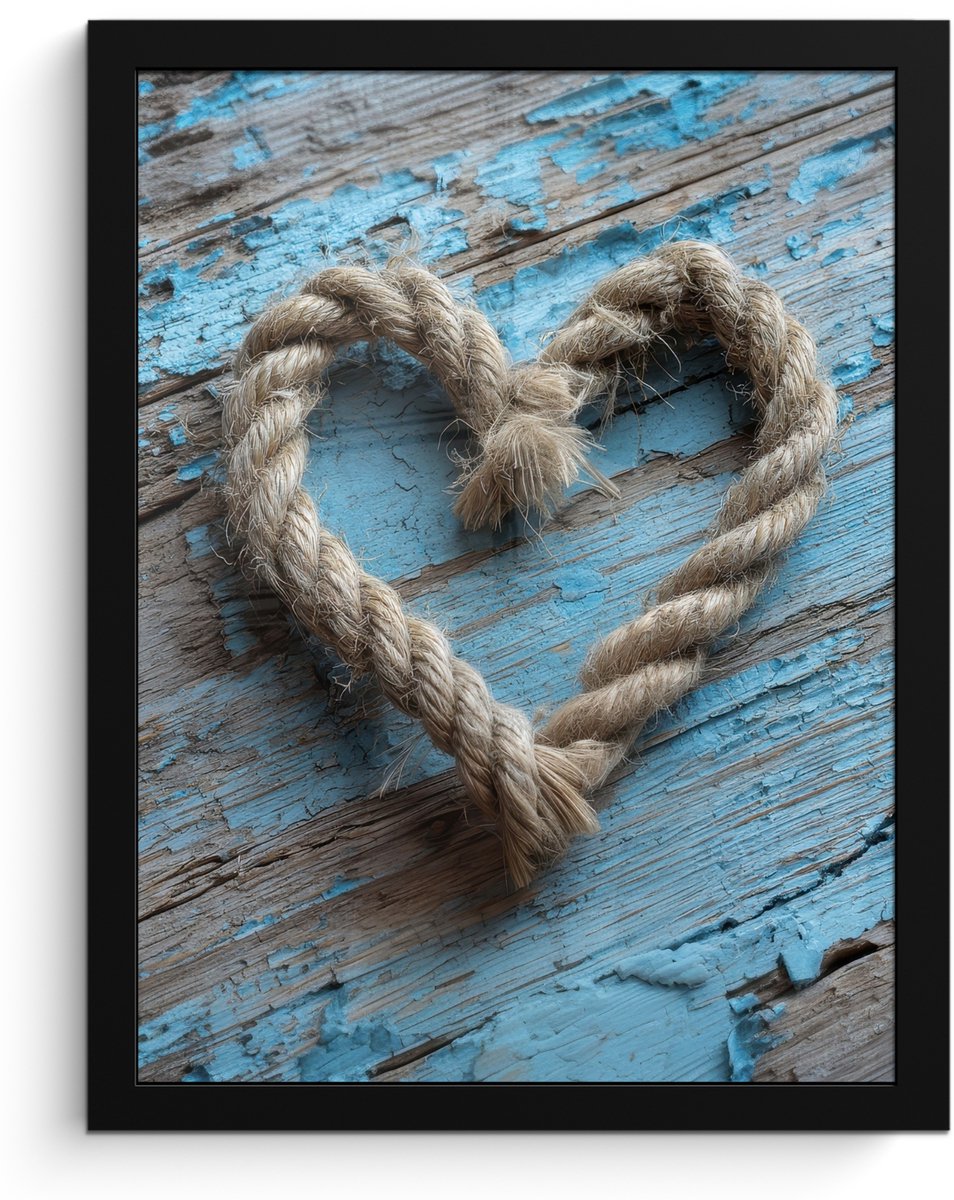 FrameYourWall Poster in lijst - Fotolijst 30x40 cm - Posters - Hart - Touw - Hout - Rustiek - Posterlijst zwart - Decoratie - Wanddecoratie woonkamer - Muurdecoratie slaapkamer