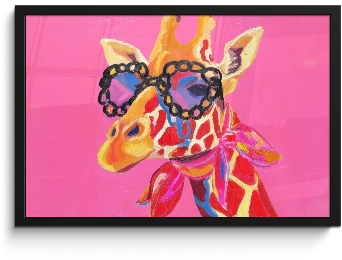 FrameYourWall Poster in lijst - Fotolijst 60x40 cm - Posters - Giraf - Roze - Bril - Sjaal - Posterlijst zwart - Decoratie - Wanddecoratie woonkamer - Muurdecoratie slaapkamer