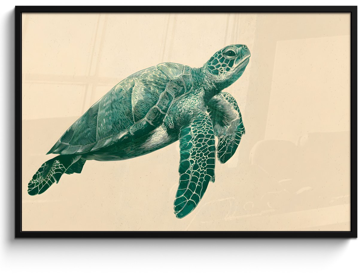 FrameYourWall Poster in lijst - Fotolijst 120x80 cm - Posters - Schildpad - Sierlijk - Groen - Schild - Posterlijst zwart - Decoratie - Wanddecoratie woonkamer - Muurdecoratie slaapkamer