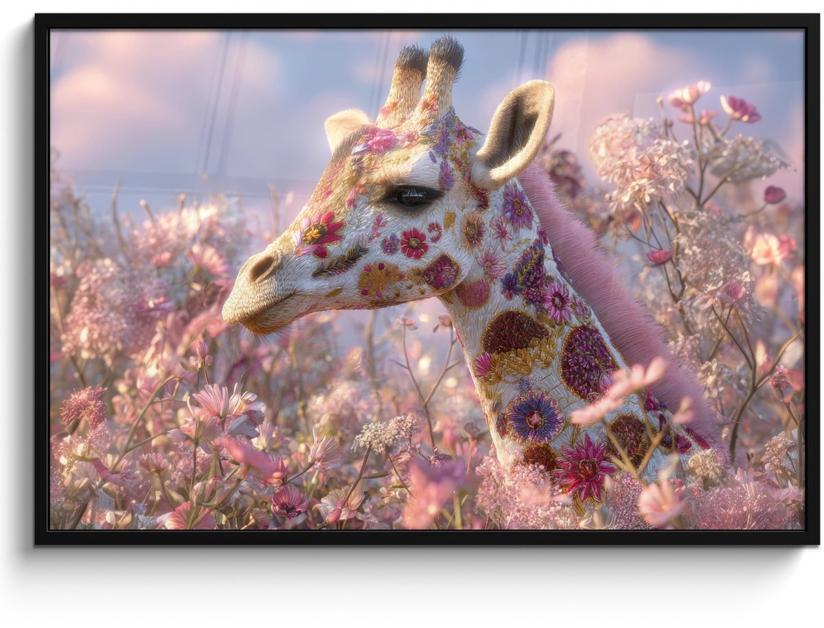FrameYourWall Poster in lijst - Fotolijst 120x80 cm - Posters - Giraffe - Bloemen - Roze - Posterlijst zwart - Decoratie - Wanddecoratie woonkamer - Muurdecoratie slaapkamer