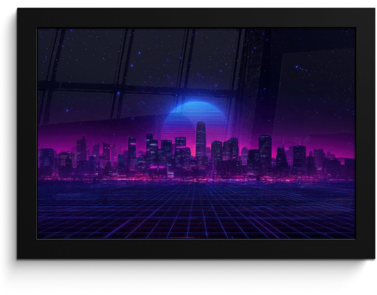 FrameYourWall Poster in lijst - Fotolijst 30x20 cm - Posters - Skyline - Zon - Neon - Rasterpatroon - Posterlijst zwart - Decoratie - Wanddecoratie woonkamer - Muurdecoratie slaapkamer Stad - Sterrenhemel - Neon