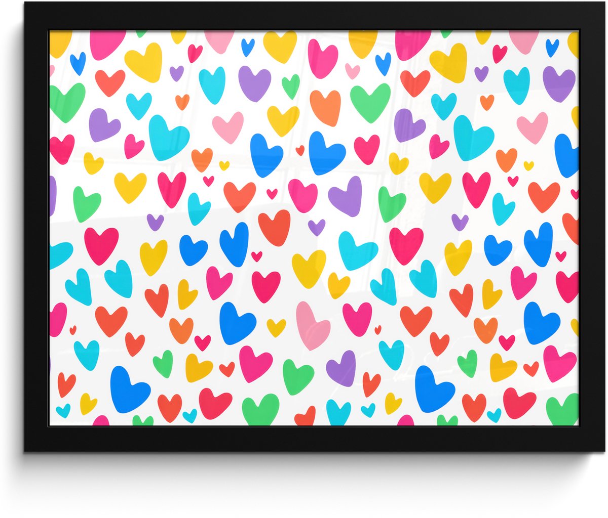 FrameYourWall Poster in lijst - Fotolijst 40x30 cm - Posters - Hartjes - Kleurrijk - Patroon - Levendig - Posterlijst zwart - Decoratie - Wanddecoratie woonkamer - Muurdecoratie slaapkamer