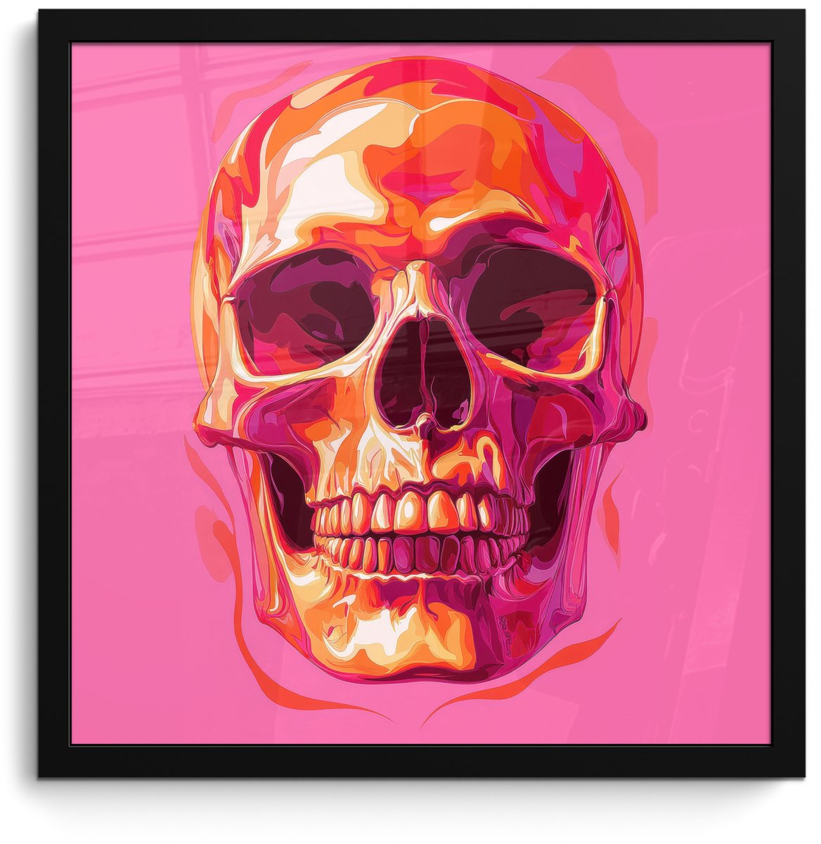 FrameYourWall Poster in lijst - Fotolijst 40x40 cm - Posters - Felroze - Tanden - Schedel - Posterlijst zwart - Decoratie - Wanddecoratie woonkamer - Muurdecoratie slaapkamer Schedel - Tanden