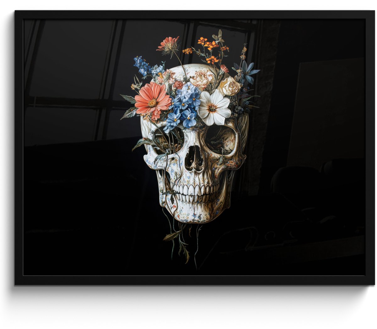 FrameYourWall Poster in lijst - Fotolijst 80x60 cm - Posters - Bloemen - Schedel - Kleurrijk - Posterlijst zwart - Decoratie - Wanddecoratie woonkamer - Muurdecoratie slaapkamer