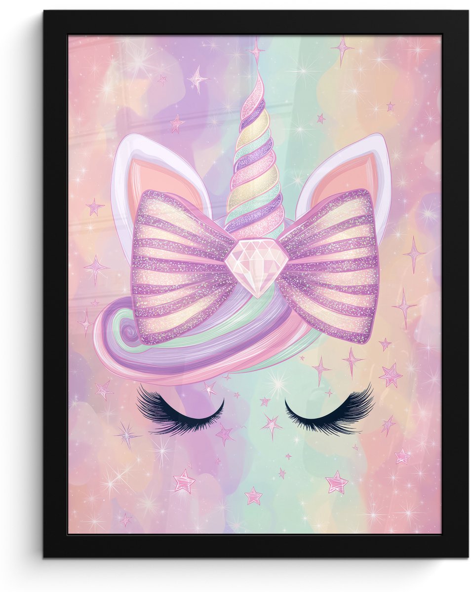 FrameYourWall Poster in lijst - Fotolijst 30x40 cm - Posters - Eenhoorn - Glitters - Regenboog - Pastel - Posterlijst zwart - Decoratie - Wanddecoratie woonkamer - Muurdecoratie slaapkamer