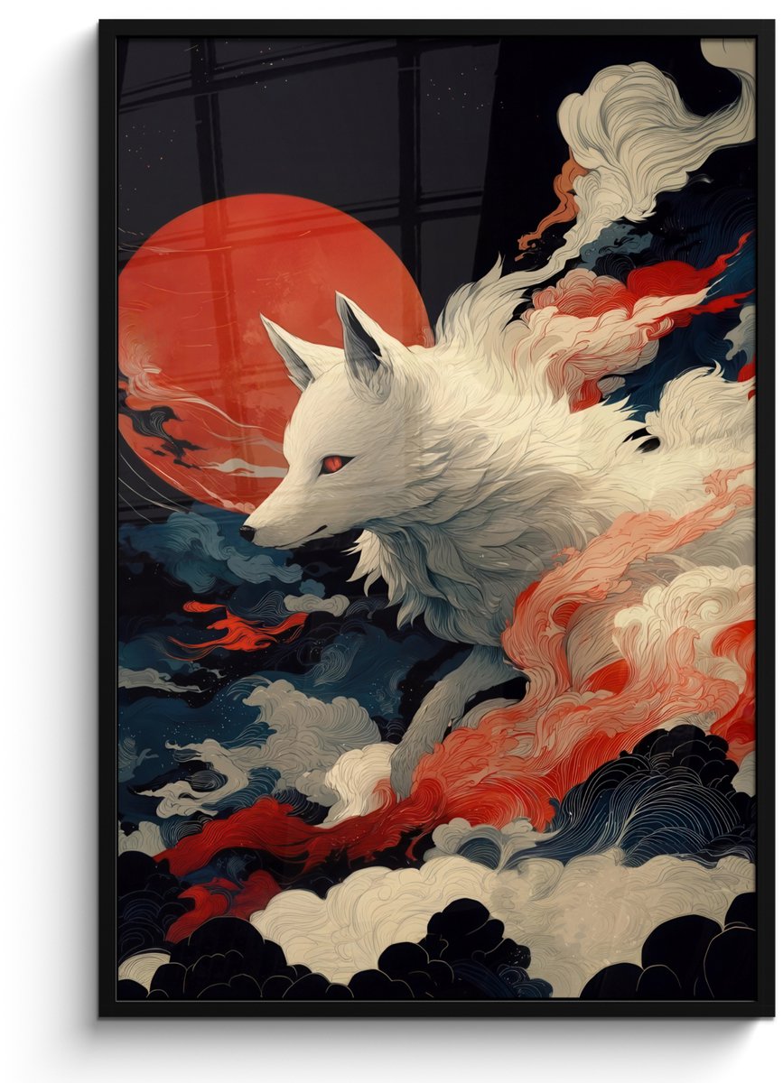 FrameYourWall Poster in lijst - Fotolijst 80x120 cm - Posters - Witte vos - wolken - maan - Posterlijst zwart - Decoratie - Wanddecoratie woonkamer - Muurdecoratie slaapkamer