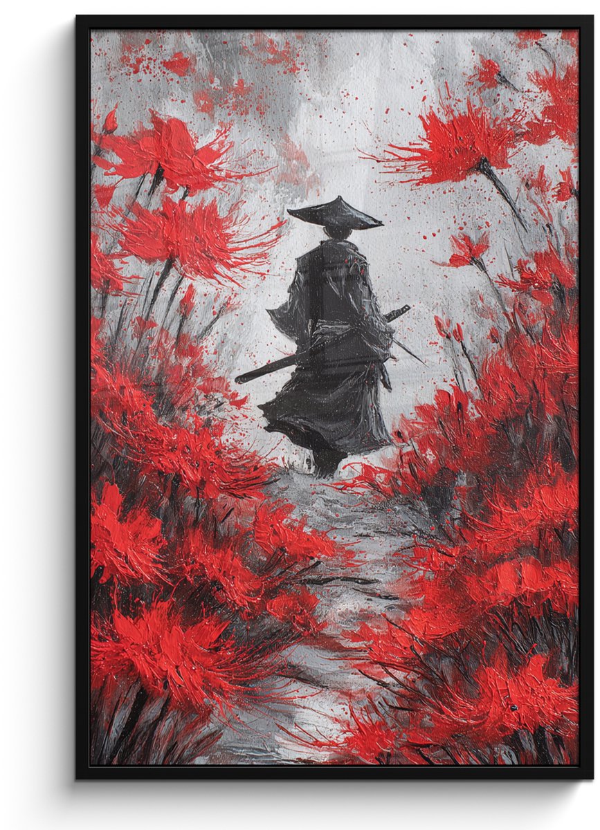 FrameYourWall Poster in lijst - Fotolijst 80x120 cm - Posters - Rode bloemen - mistig - Man - Posterlijst zwart - Decoratie - Wanddecoratie woonkamer - Muurdecoratie slaapkamer Bloemen - Man - Mistig