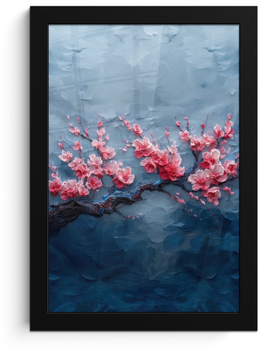 FrameYourWall Poster in lijst - Fotolijst 20x30 cm - Posters - Bloesem - Bloem - Roze - Tak - Posterlijst zwart - Decoratie - Wanddecoratie woonkamer - Muurdecoratie slaapkamer Bloesem - Tak