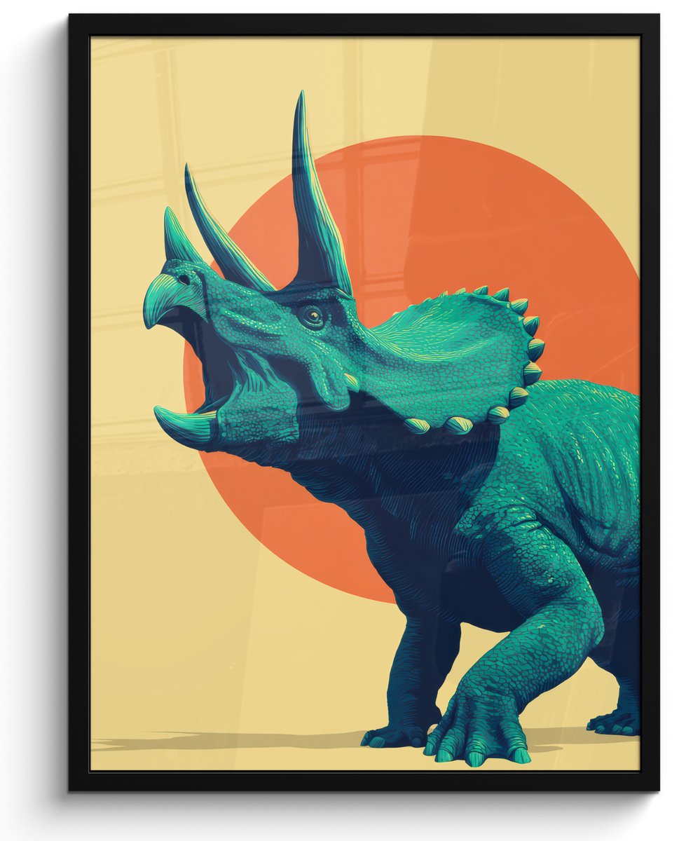 FrameYourWall Poster in lijst - Fotolijst 60x80 cm - Posters - Triceratops - Cirkel - Oranje - Hoorns - Posterlijst zwart - Decoratie - Wanddecoratie woonkamer - Muurdecoratie slaapkamer
