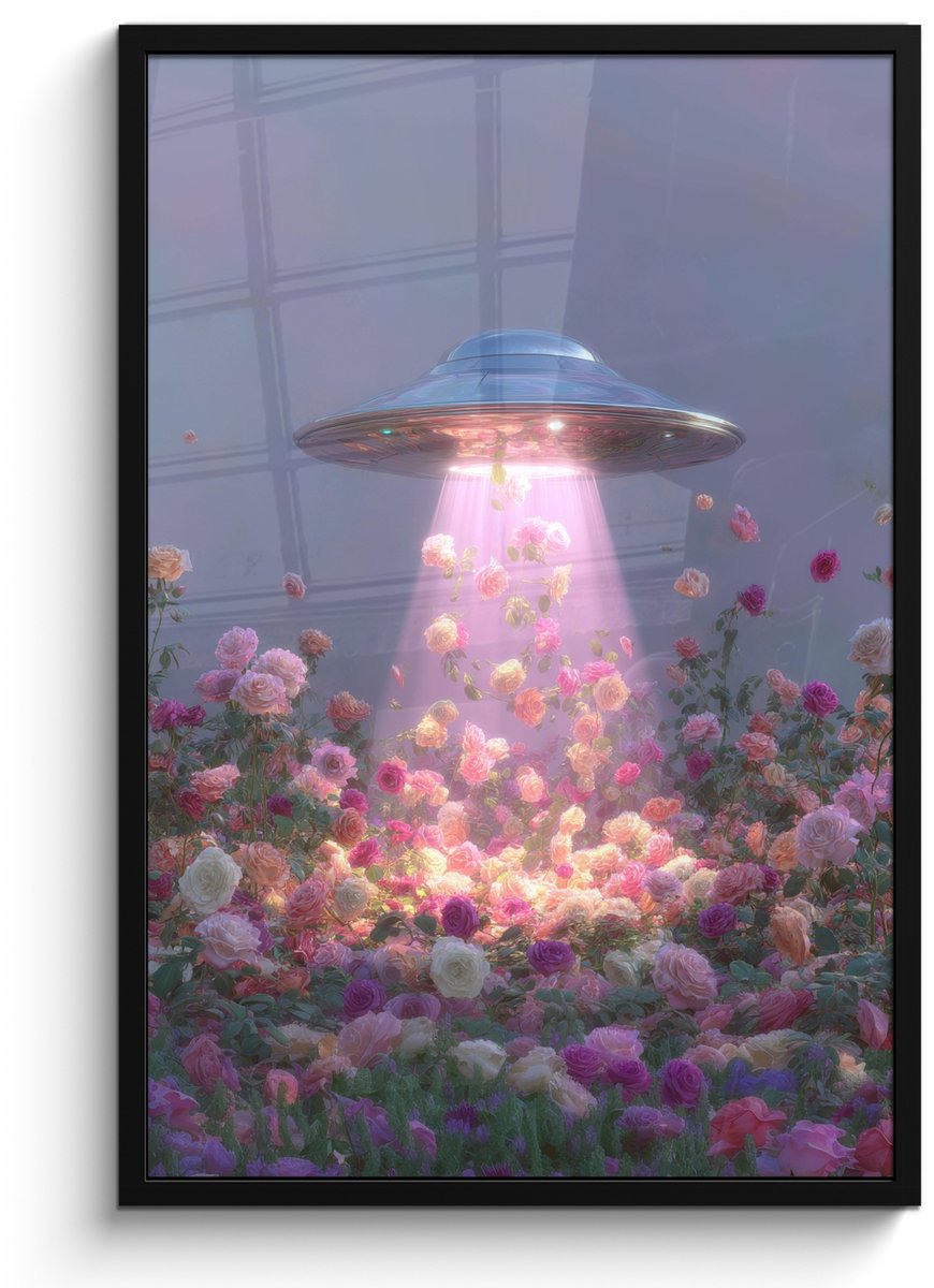 FrameYourWall Poster in lijst - Fotolijst 60x90 cm - Posters - Ufo - Rozen - Pastelkleuren - Posterlijst zwart - Decoratie - Wanddecoratie woonkamer - Muurdecoratie slaapkamer