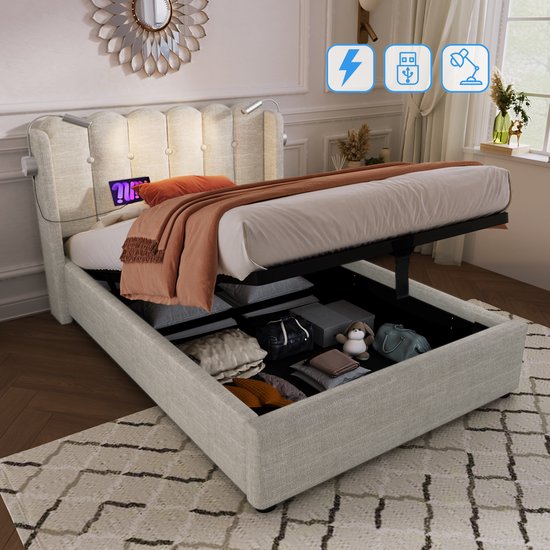 Kinderbed 90x200 cm - met hoofdbord met opbergruimte, 2 lades, USB, Type-C, LED-verlichting Kinderbed 90x200 cm - met hoofdbord met opbergruimte, 2 lades, USB, Type-C, LED-verlichting