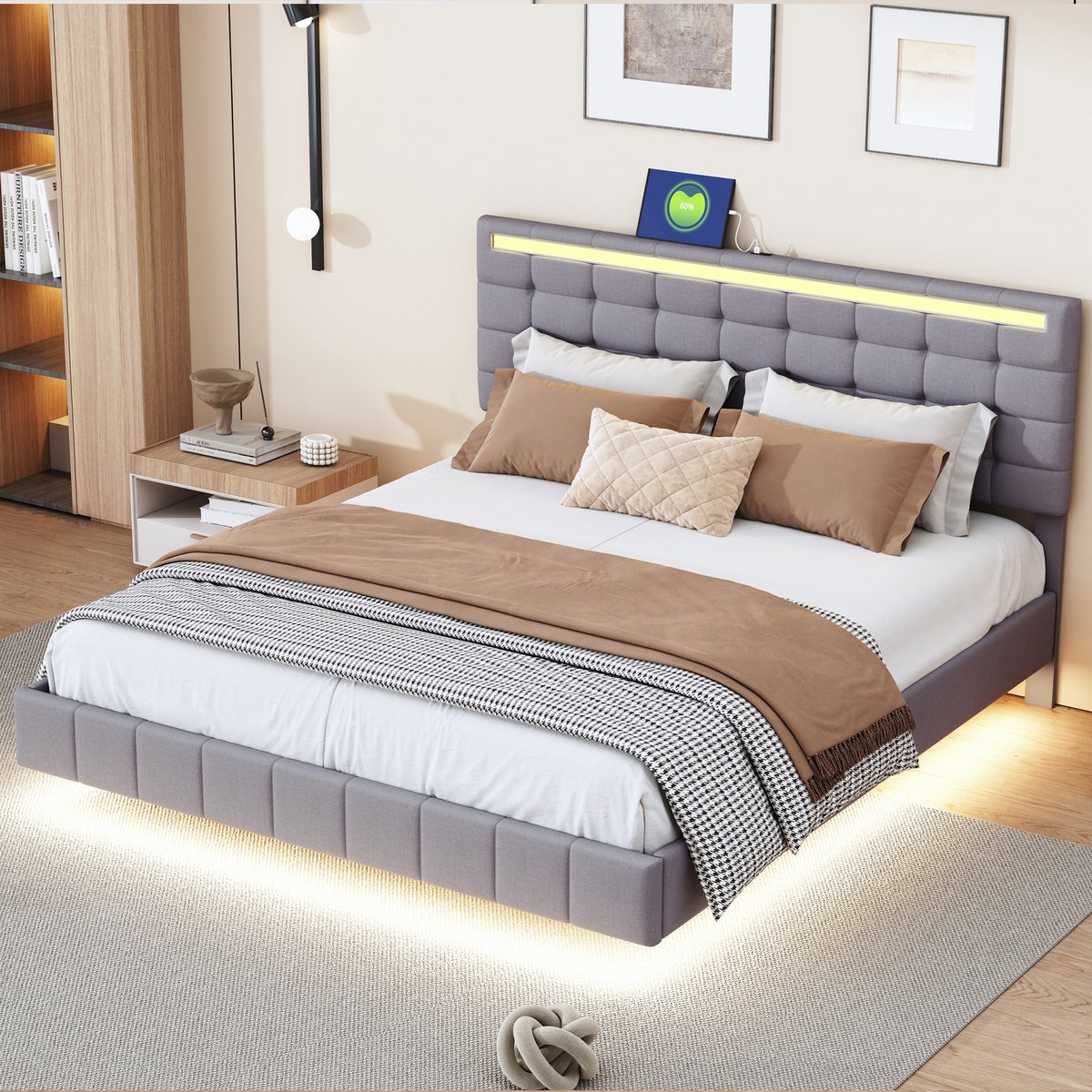 Polsterbed 160 x 200 cm - Gepolsterd zwevend bedframe met LED-verlichting en huidvriendeli