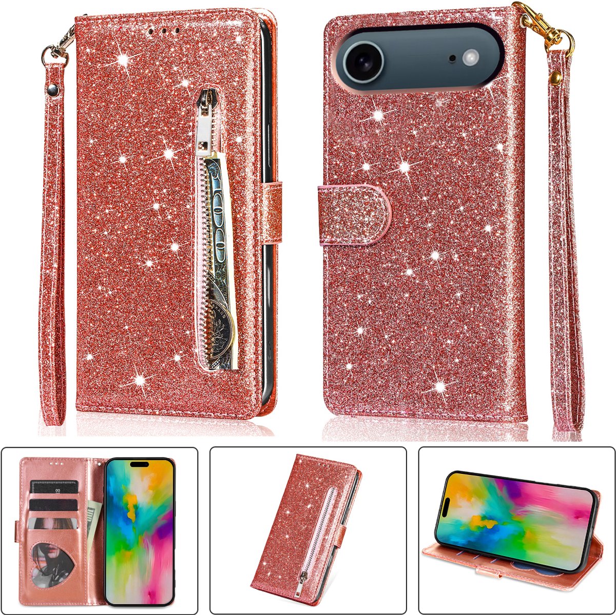 Glitter Bookcase geschikt voor Apple iPhone 17 Air | Hoogwaardig Kunstleer Hoesje | Wallet Case | Telefoonhoesje | Pasjeshouder | Roze Goud