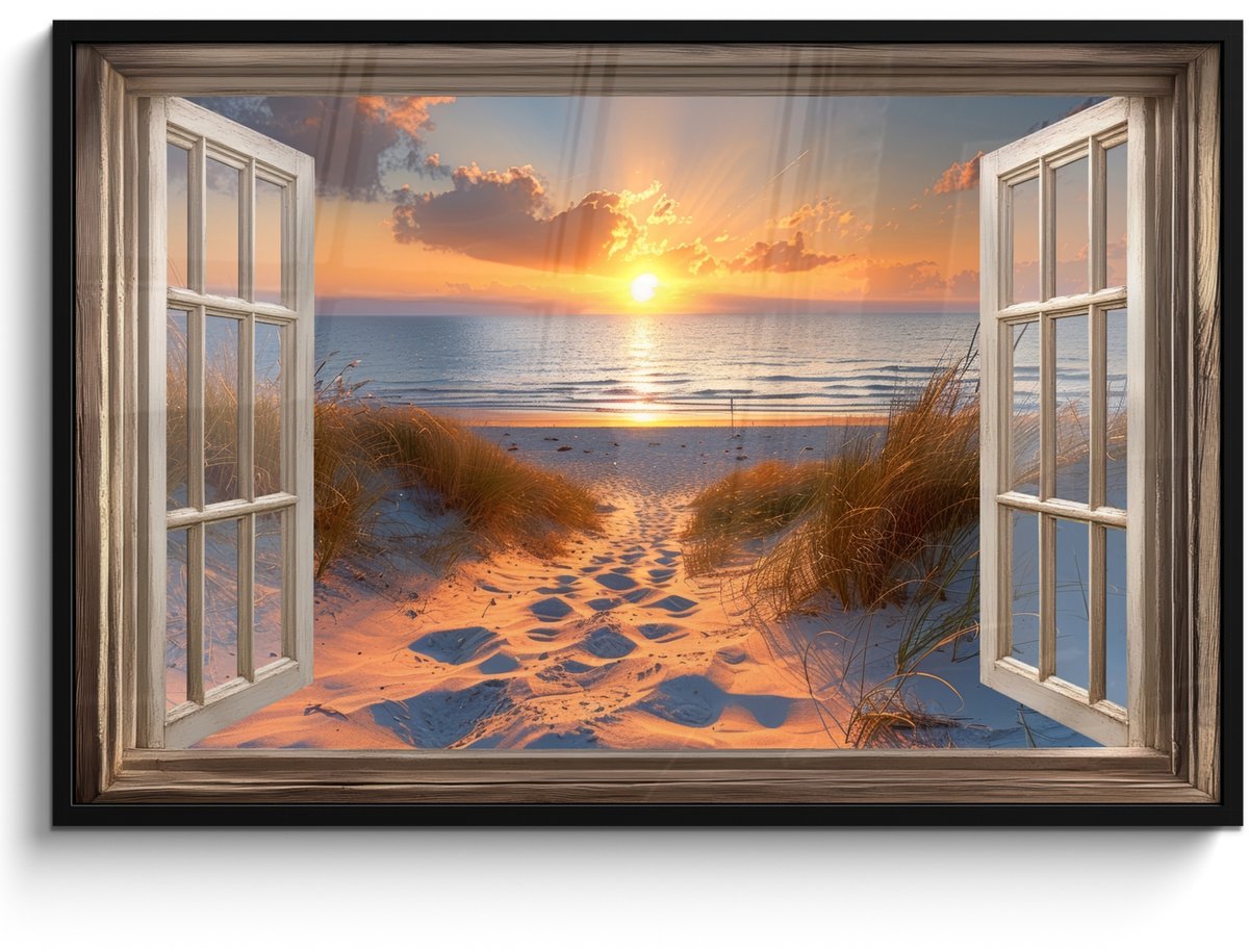 FrameYourWall Poster in lijst - Fotolijst 120x80 cm - Posters - Doorkijk - Strand - Duinen - Zonsondergang - Posterlijst zwart - Decoratie - Wanddecoratie woonkamer - Muurdecoratie slaapkamer Zonsondergang - Duinen