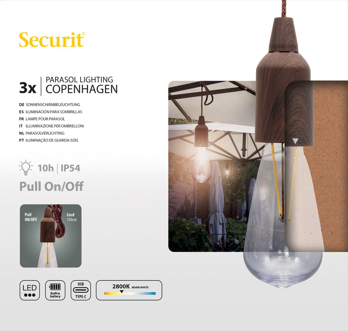 Securit® Parasol lamp Copenhagen. Drie staps verstelbare parasol lamp - Led verlichting - USB Charging - 3 Stuks in verpakking