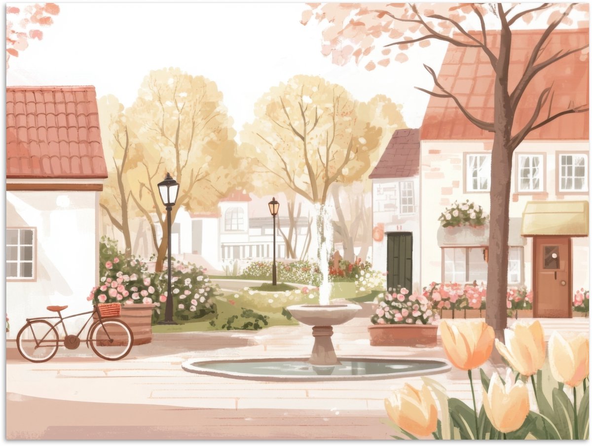 Poster 120x90 cm - Dorpsplein - Fontein - Tulpen - Posters - Kamer decoratie - Wanddecorat