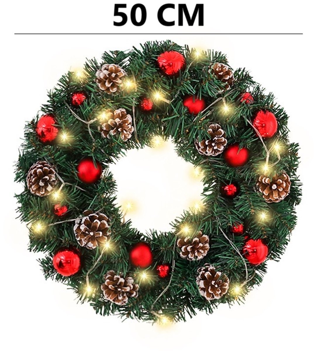 Premium Kerstkrans XL- met Decoraties & LED verlichting(50cm) –Extra volle en dikke takken - Groene dennenkrans met rode kerstballen & dennenappels – 30 LED lampjes – Luxe kerstdecoratie - deurkransen kerstversiering- Kerstmis – foto 3