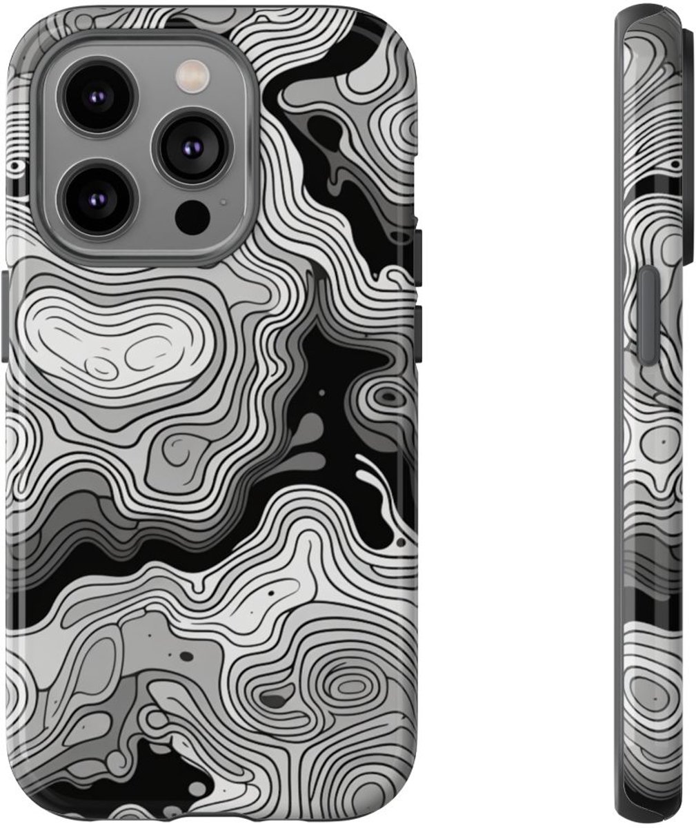Monochroom Topografisch Patroon – Telefoonhoesje Geschikt voor iPhone 14 Pro