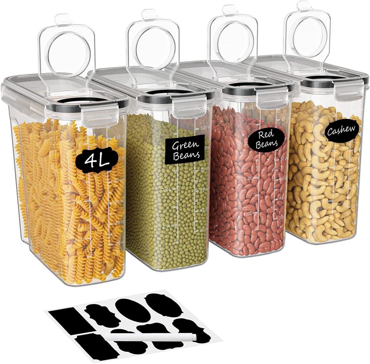 Muesli Bewaarcontainers Set 4 stuks – 4L Luchtdichte Voorraadbussen BPA-vrij – Cereal Dispenser met Deksel