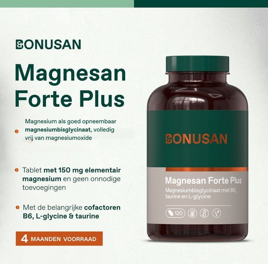Flesje Magnesan Forte Plus met tekst over de voordelen en samenstelling. "4 maanden voorraad".