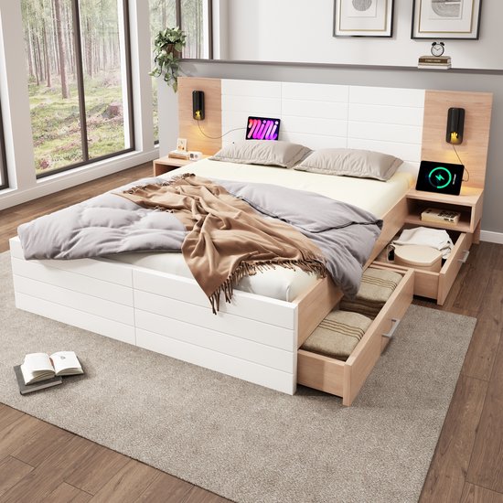 Lit double 140x200 cm - lit en bois avec 2 tiroirs - lampe de lecture en tête de lit avec chargement USB - 2 tables de chevet - blanc - sans matelas