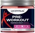 Lucovitaal Pre-Workout Tropisch Fruit smaak, suikervrij, 20 doseringen. Met rode figuur en icons voor energie, focus en fitheid.