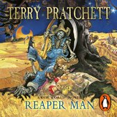 Illustratie van de Dood, met een zeis, zittend op een stapel strobalen, naast een boom, met een jong meisje. Tervuren. Titel: Reaper Man.