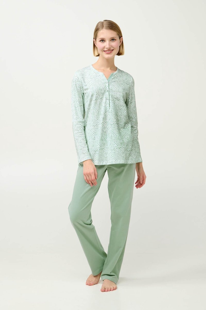 Vamp - Dames pyjama katoen fleece – groene zebra-print top en effen broek - XXL