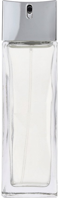Transparante parfumfles met zilverkleurige dop en Armani logo.