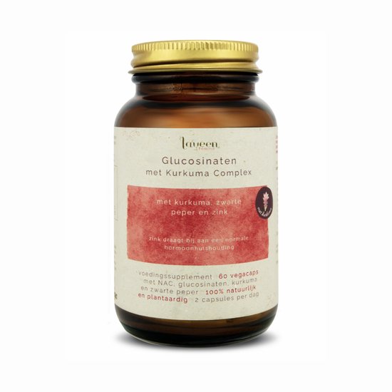 Bruin glazen potje 'Glucosinate met Kurkuma Complex' met een rood label en gouden dop.
