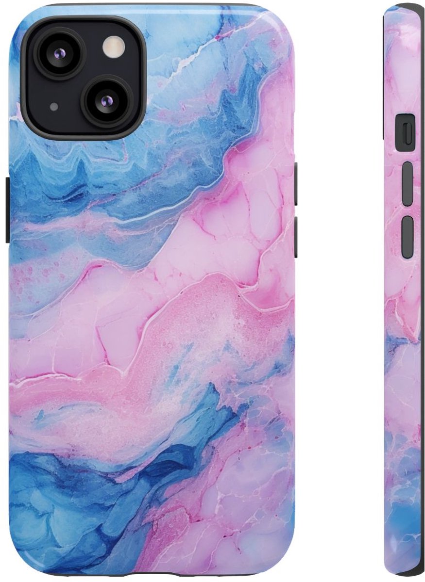 Blauw-Roze Marmerstructuur – Glanzend Stevig Hoesje Geschikt voor iPhone 13