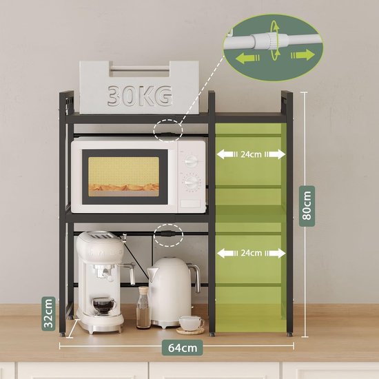 Keukenbakkersrek, magnetronrek, met 4 haken, metalen frame en verstelbare poten, keukenrek voor kruiden, potten en pannen, rustiek bruin (Log color B